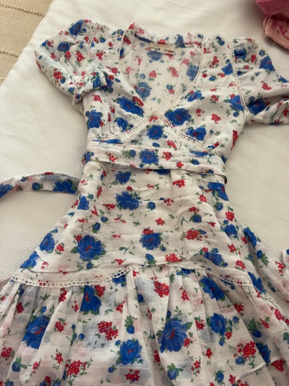 LoveShackFancy White Floral Dress Top with Blue and Red Flowers